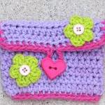 Girls Purse/ Wallet With Flower And Heart, Crochet..