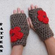Fingerless gloves with Red Flowers , Crochet Pattern PDF, Quick and Easy, Great for Beginners, Pattern No. 15